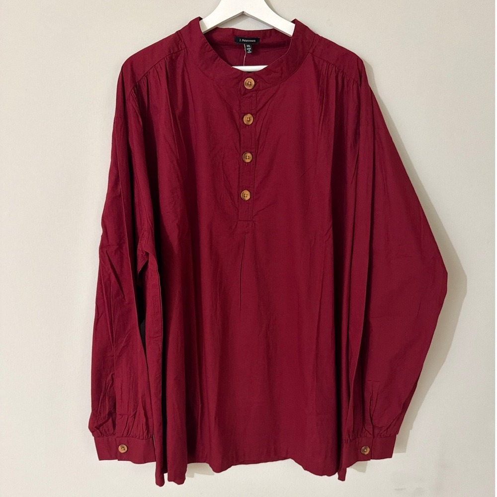 J. Peterman Burgundy Red 100% Cotton Band Collar Henley Tunic Top XXL